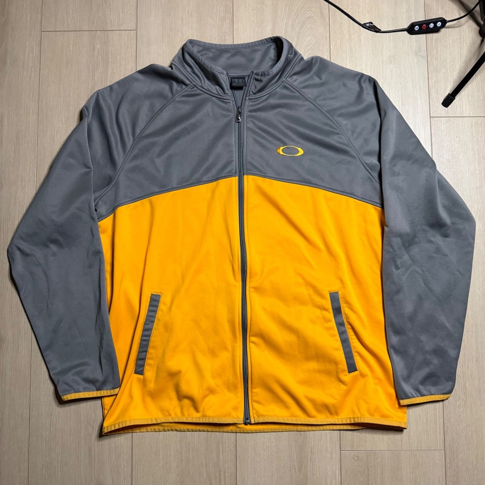 Oakley Track Jacket Mens XL Grey Yellow Colorblock Full Zip Performance Logo